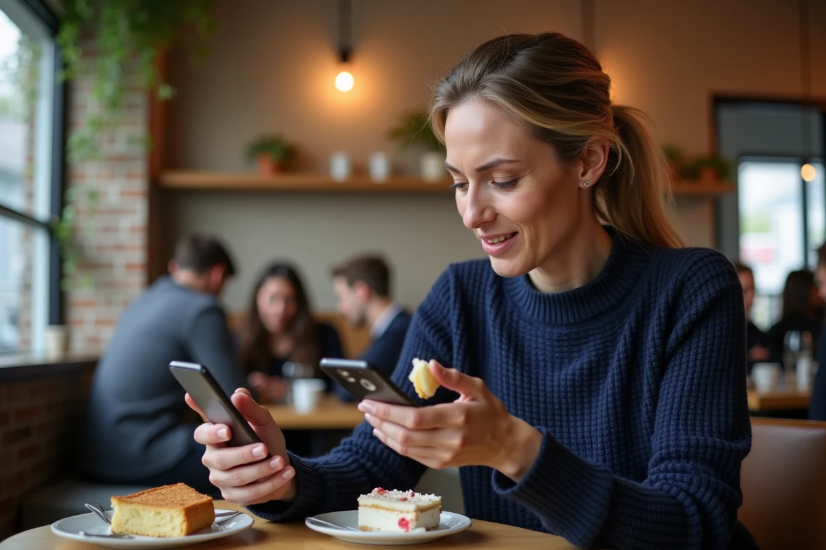 Femme mangeant un gâteau peu calorique industriel dans un café en consultant une application de nutrition sur son téléphone