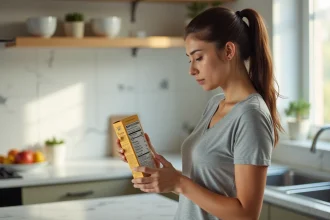 Femme lisant les informations nutritionnelles d'un gâteau industriel peu calorique dans une cuisine moderne