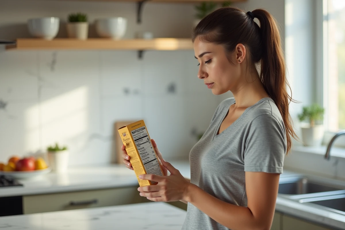 Femme lisant les informations nutritionnelles d'un gâteau industriel peu calorique dans une cuisine moderne