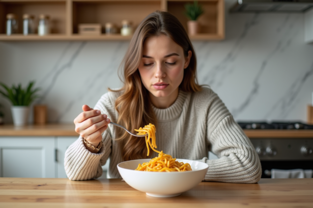 Femme pensant à la pasta keto dans sa cuisine lumineuse