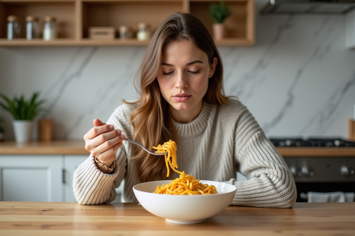 Femme pensant à la pasta keto dans sa cuisine lumineuse