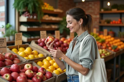 Femme choisissant des fruits dans un magasin anti-gaspillage avec des étals en bois et des produits imparfaits à prix réduit