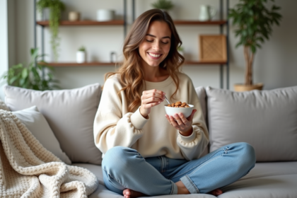 Jeune femme souriante choisissant des amandes dans un bol