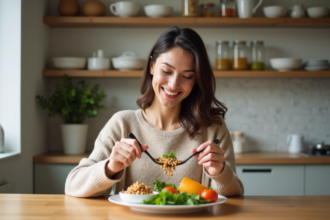 Femme souriante préparant un repas équilibré dans la cuisine