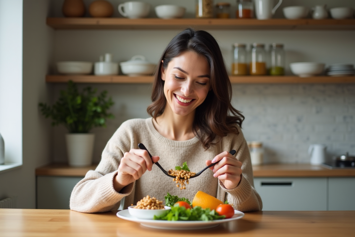Femme souriante préparant un repas équilibré dans la cuisine