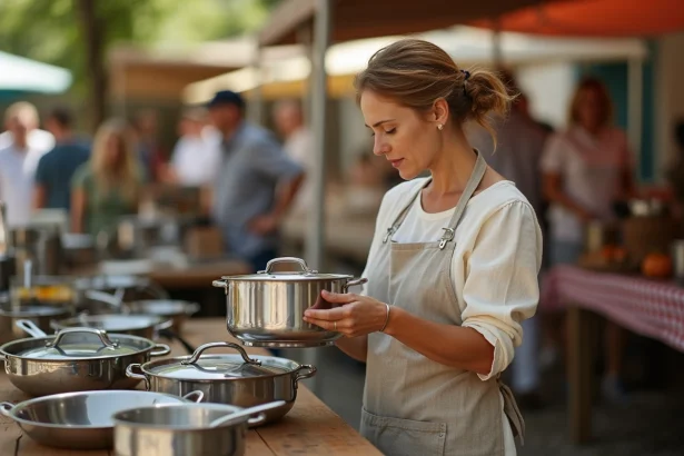 Femme inspectant une casserole en inox sur un marché aux puces spécialisé en ustensiles de cuisine d'occasion