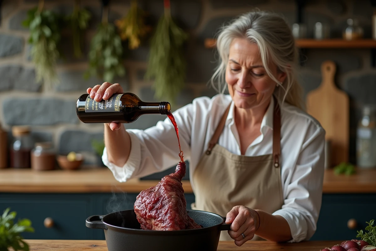 Femme versant une marinade au vin rouge sur une épaule de chevreuil dans une cocotte en fonte pour préparer un civet maison