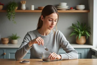 Jeune femme dans sa cuisine mélangeant des graines de chia