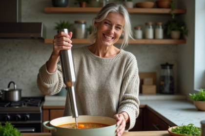 Femme souriante utilisant un mixeur dans une cuisine moderne