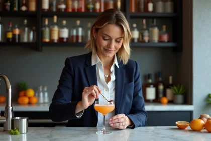 Femme sophistiquée préparant un cocktail au bar à domicile