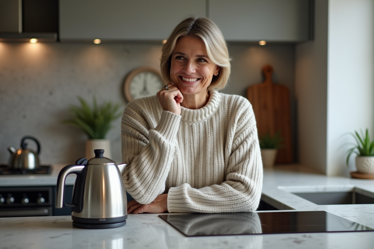 Femme d'âge moyen examine deux bouilloires dans une cuisine moderne