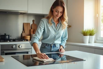 Femme nettoyant une plaque vitrocéramique avec chiffon doux