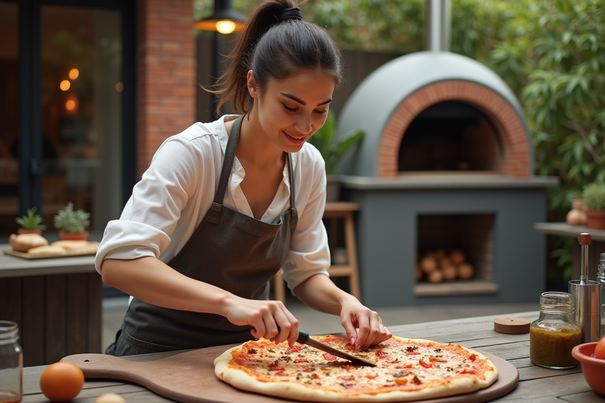 Jeune femme nettoyant une pizza brûlée dans un patio extérieur