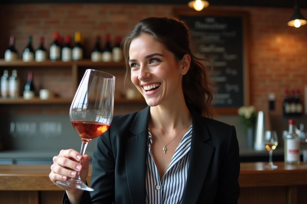 Femme sentant un sauvignon blanc dans un bar moderne