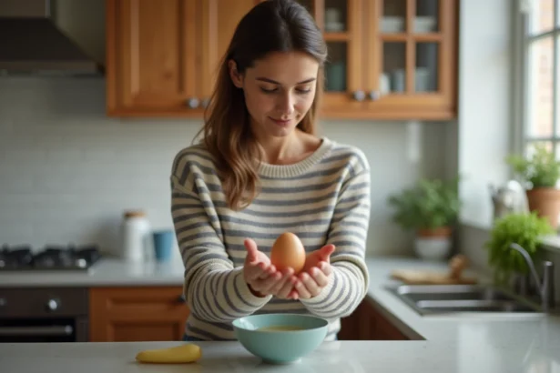 Femme curieuse tenant un œuf dans la cuisine chaleureuse