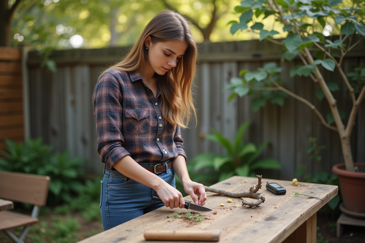 Jeune femme taillant une branche avec un couteau dans un jardin