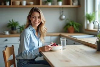 Femme souriante mangeant un bol de flocons et fruits frais