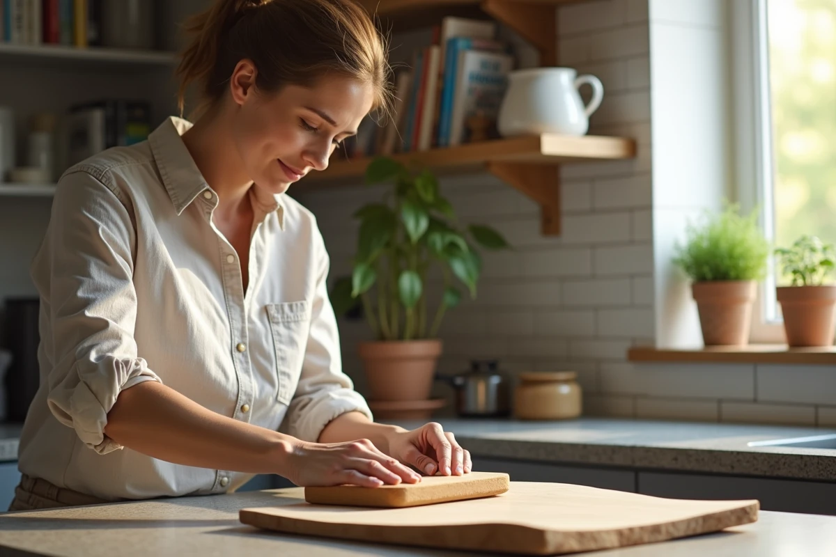 Femme en chemise en lin ponçant un bois dans une cuisine lumineuse