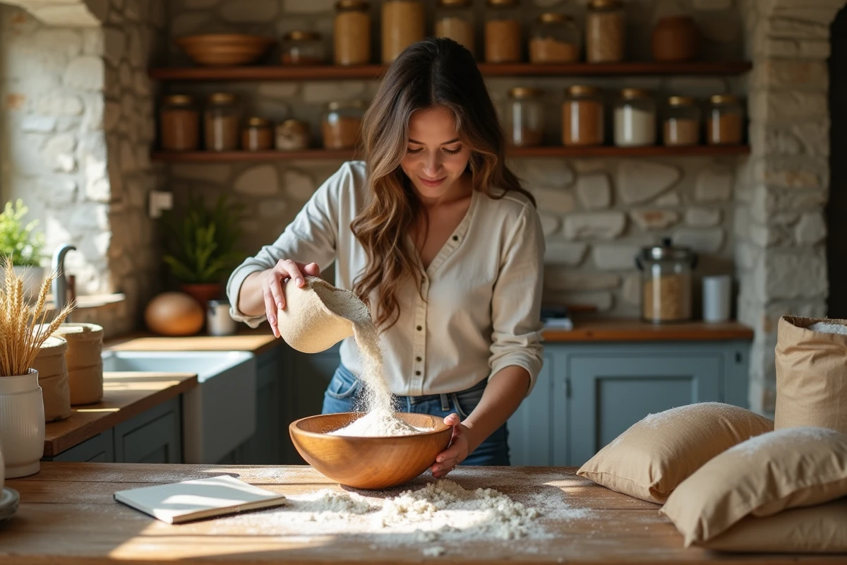 Jeune femme versant de la farine dans un bol en cuisine rurale