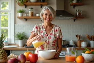 Femme versant punch maison dans un bol en cuisine lumineuse