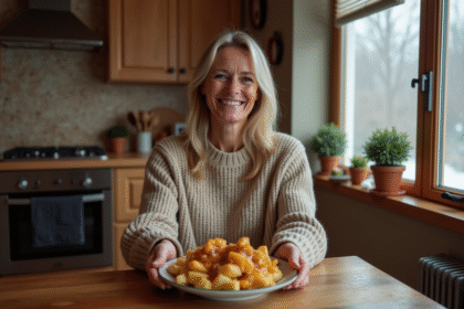 Femme souriante servant une poutine dans une cuisine chaleureuse