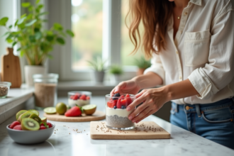 Femme préparant un pudding chia dans une cuisine lumineuse