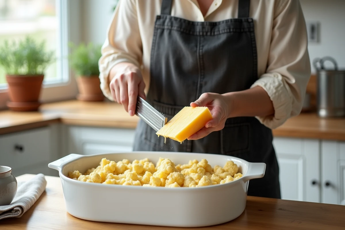 Femme râpant du fromage Gruyère sur un gratin de chou fleur et pommes de terre cru avant cuisson dans une cuisine moderne au style scandinave