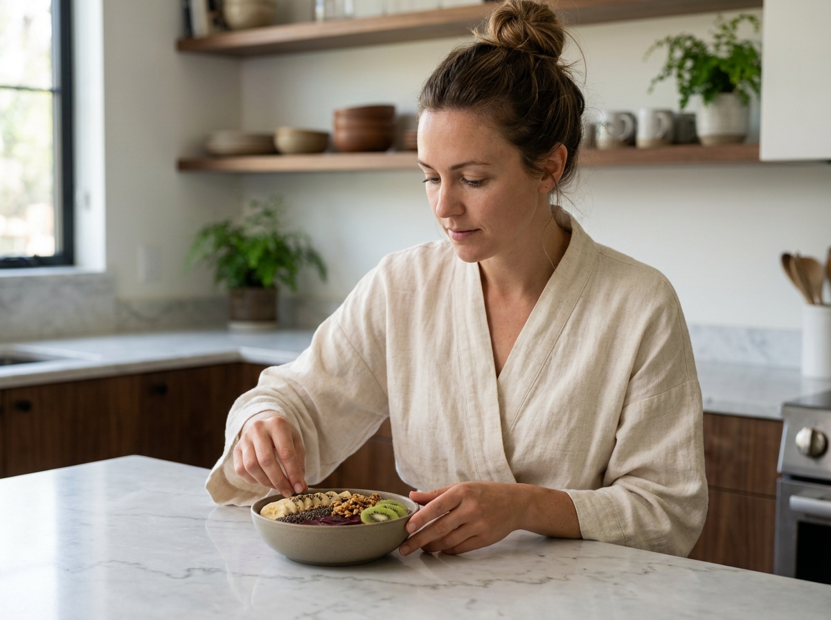 Jeune femme préparant un smoothie bowl coloré avec granola et fruits frais dans une cuisine moderne au décor minimaliste