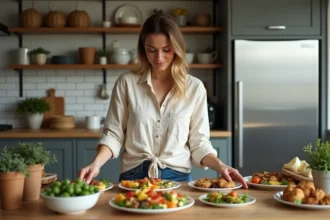 Femme arrangeant des plateaux apéritifs colorés dans une cuisine lumineuse