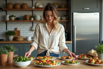 Femme arrangeant des plateaux apéritifs colorés dans une cuisine lumineuse