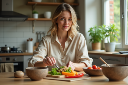 Femme en cuisine préparant une salade colorée avec légumes frais