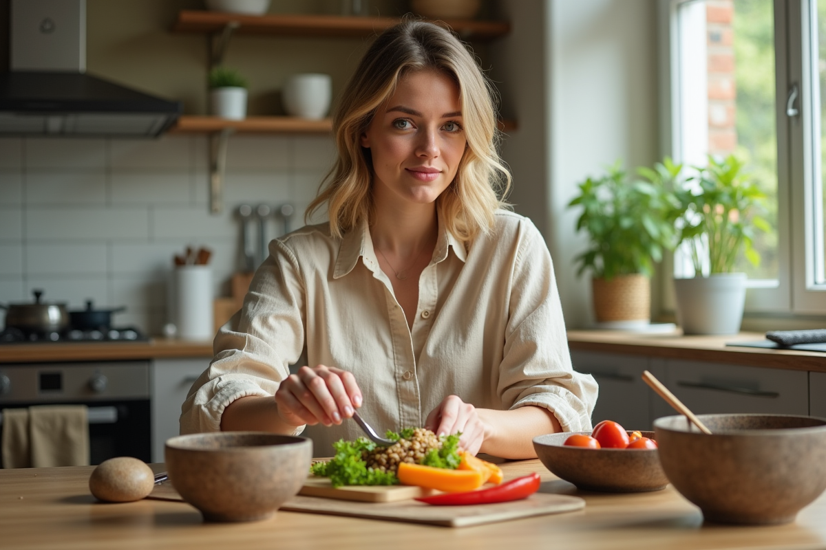 Femme en cuisine préparant une salade colorée avec légumes frais