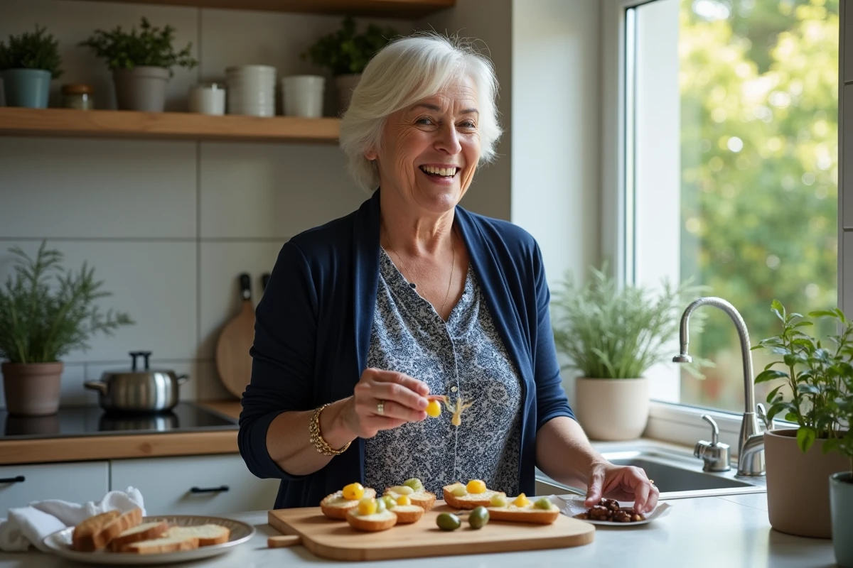 Femme en cuisine préparant des toasts et olives
