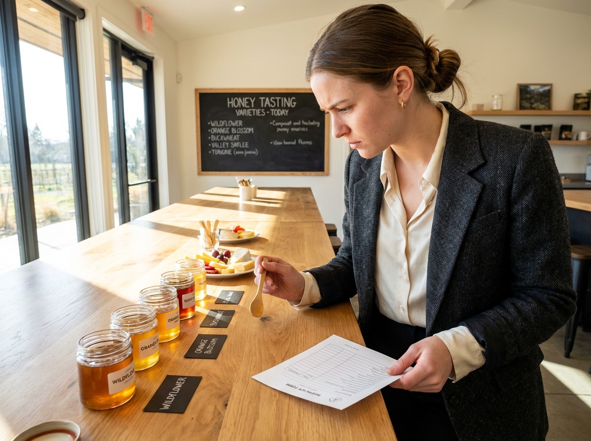 Jeune femme dégustant miel dans salle de dégustation