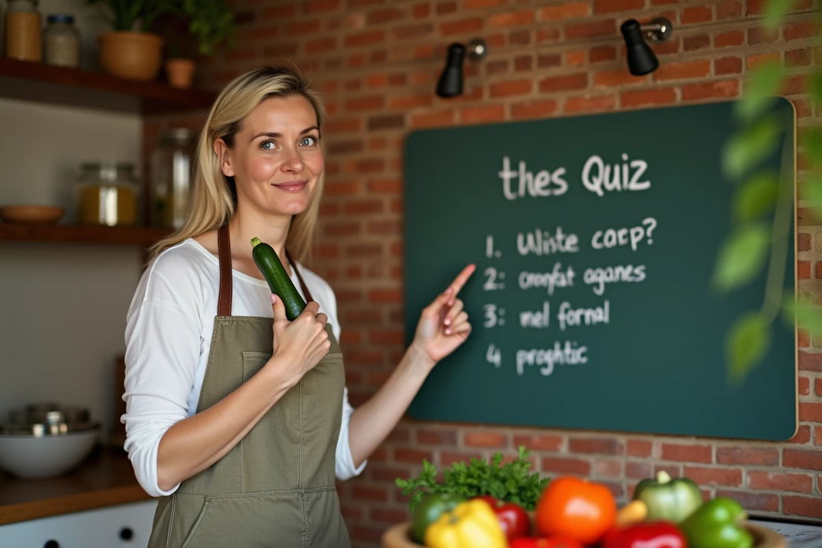 Femme en tablier tenant une courgette devant un tableau de quiz sur les fruits et légumes commençant par la lettre Z dans une cuisine