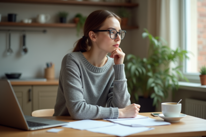 Femme pensant dans sa cuisine lumineuse et moderne