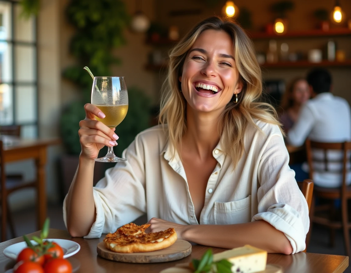 Femme souriante tenant un verre de Ricard entourée de tapas du Sud lors d'un apéritif estival dans un bistrot méditerranéen