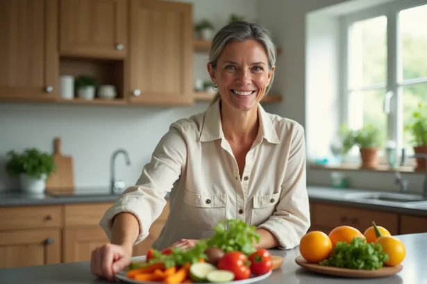 Femme souriante en blouse en lin avec fruits et légumes frais