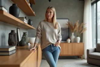 Femme d'âge moyen touchant un meuble moderne dans un salon lumineux
