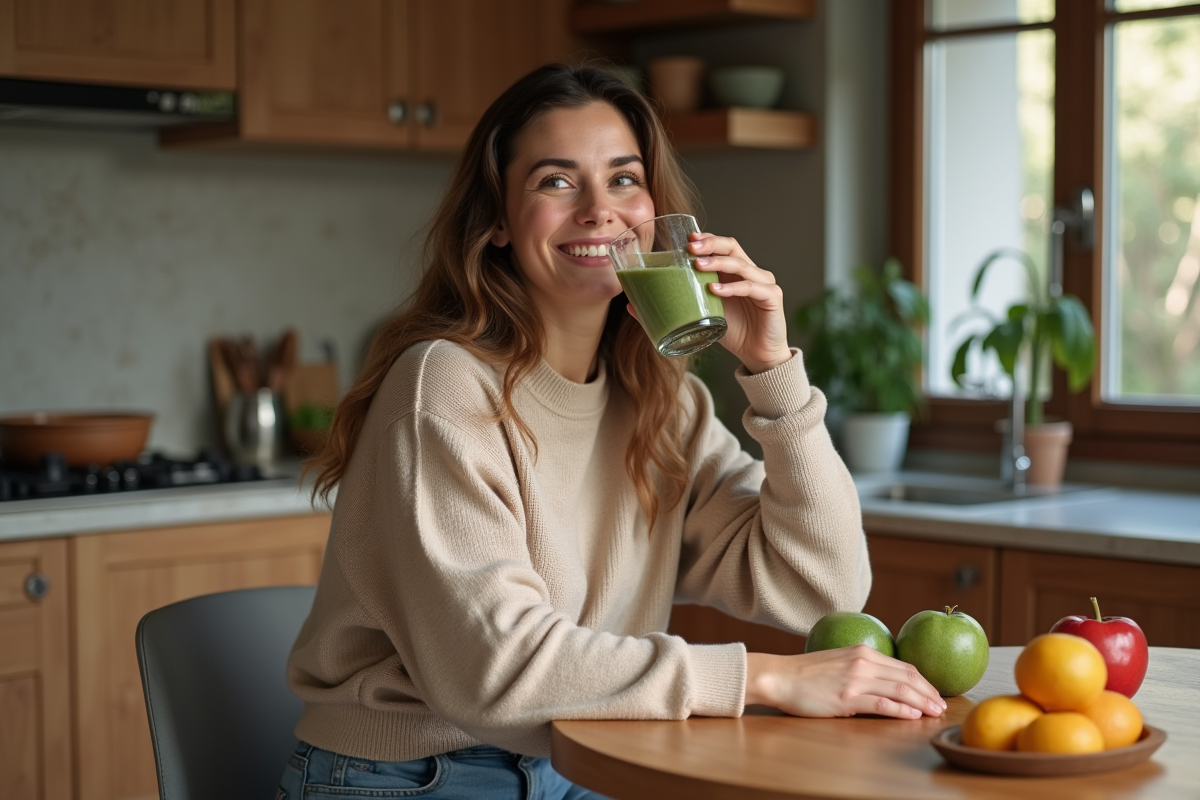 Jeune femme buvant un smoothie vert dans la cuisine chaleureuse