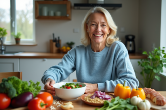 Femme souriante en cuisine avec salade et légumes frais