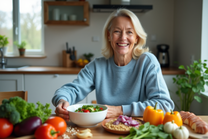 Femme souriante en cuisine avec salade et légumes frais