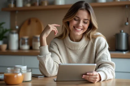 Femme souriante utilisant une tablette en cuisine moderne