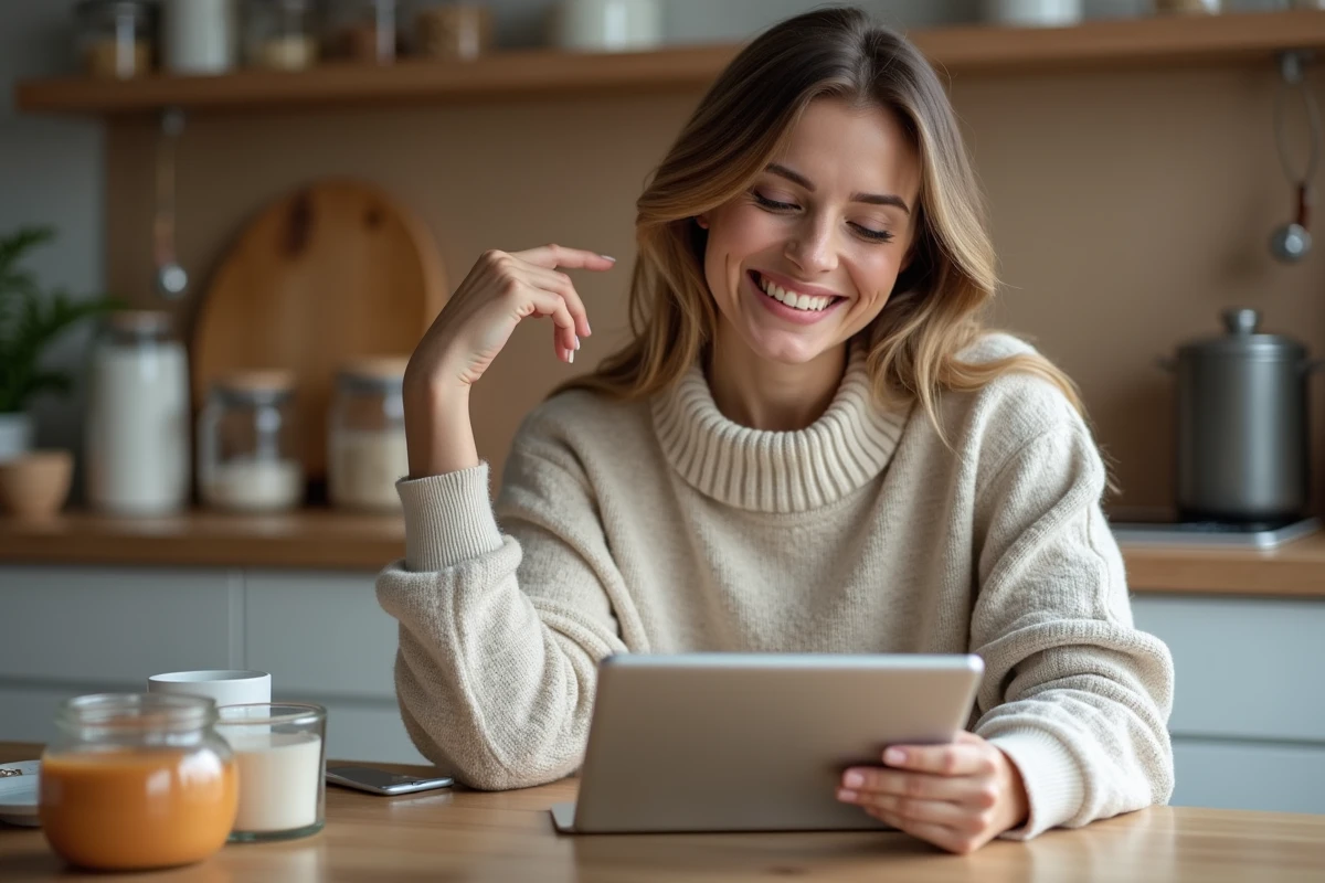 Femme souriante utilisant une tablette en cuisine moderne