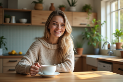 Femme souriante avec tasse de tisane dans une cuisine lumineuse