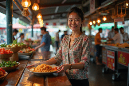 Femme thaïlandaise présentant un pad thaï dans un marché