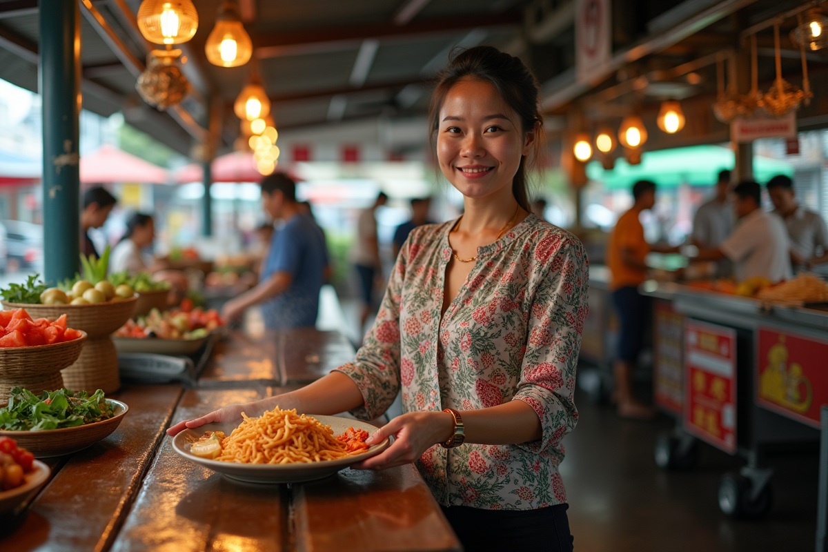 Femme thaïlandaise présentant un pad thaï dans un marché