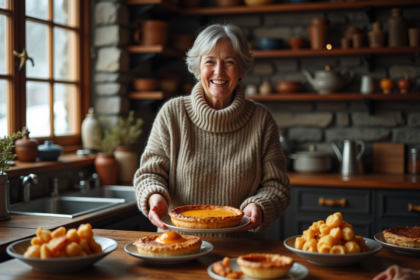 Femme souriante servant une tourtière dans une cuisine chaleureuse