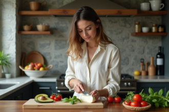 Jeune femme tranchant mozzarella pour salade fraîche