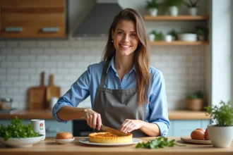 Femme en cuisine tranche une quiche lorraine dorée